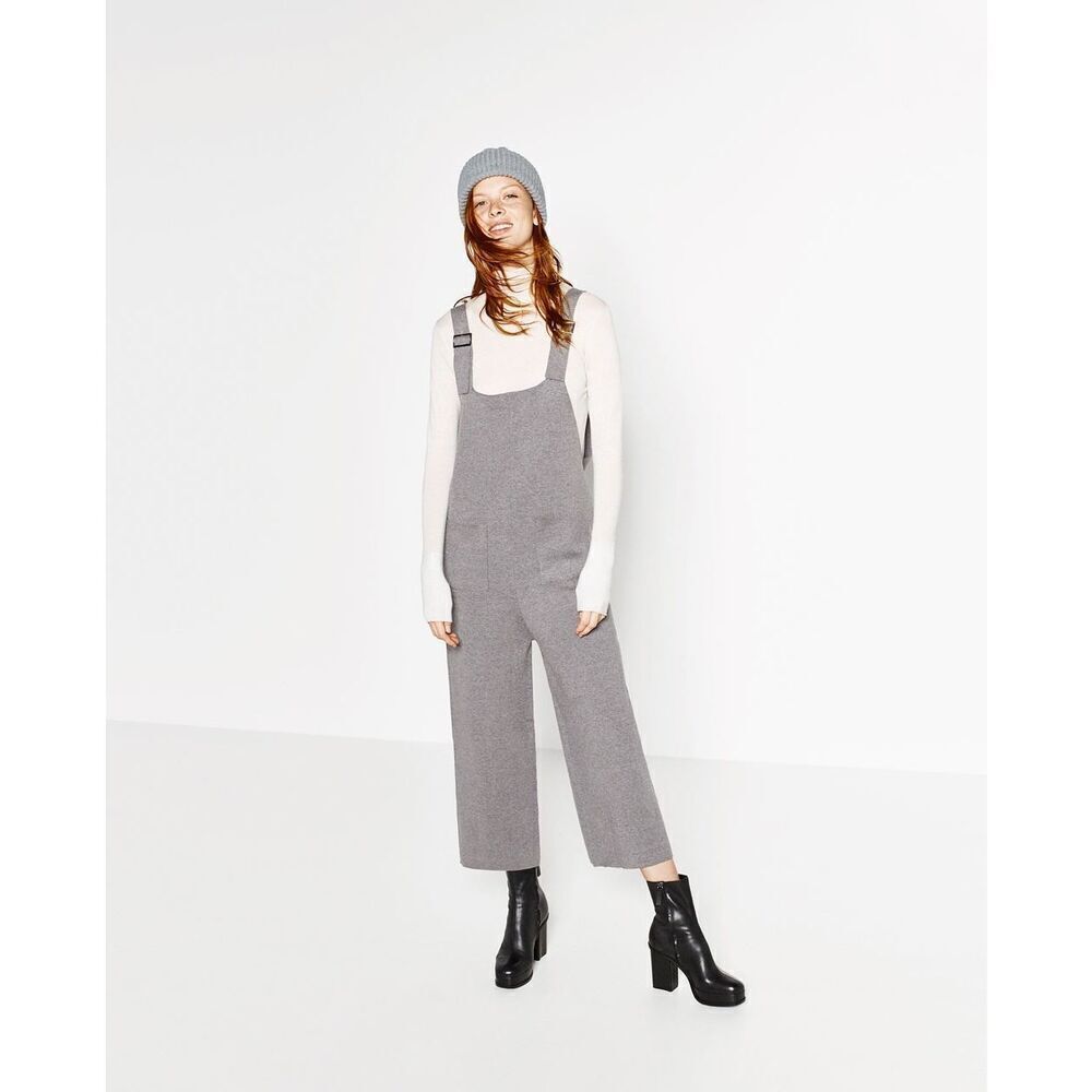 Zara Knit Women’s Grey Wide Leg Cropped Pocket Overall Pant